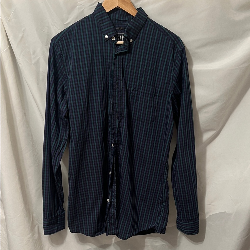 GAP Men's Dark Blue and Green Plaid Shirt